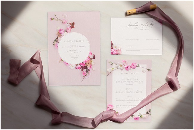 pink floral wedding stationary invitation save the date order of service rsvp soft petal ranunculus